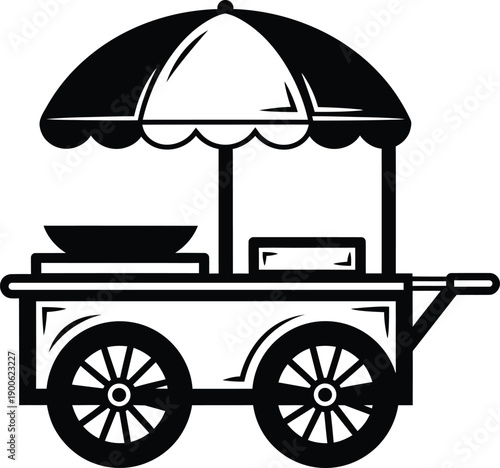 Street food cart with umbrella and wheels for outdoor vending. Vector illustration