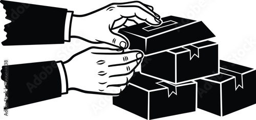 Hands stacking cardboard boxes for shipping and warehouse logistics management. Vector illustration