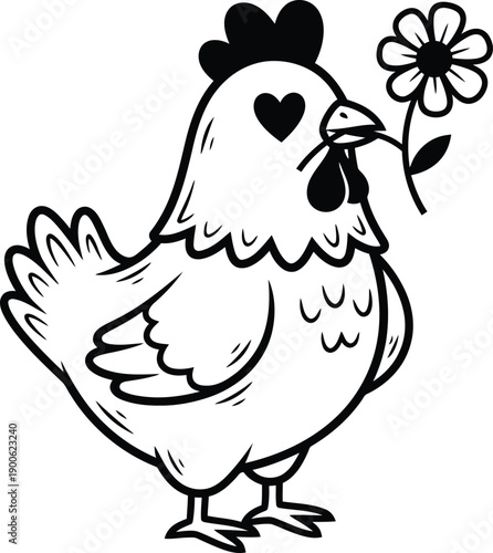 Cute cartoon chicken holding a flower with heart shaped eye. Vector illustration