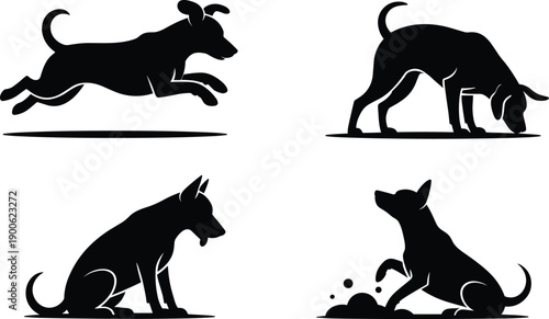 Dog silhouettes collection, playful canine poses, pet activity chart, animal behavior icons, domestic dog pictograms, lifestyle illustration, design resource, natural pet concept
