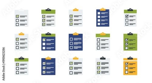 Variety of clipboards display checklists with different colored headers and checkmarks, representing task management and organization in a clean, modern style.