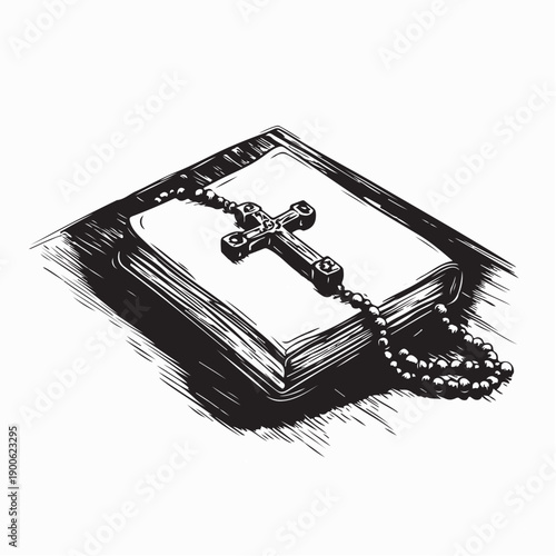 Faith And Devotion Symbol Bible With Rosary Beads Image Vector