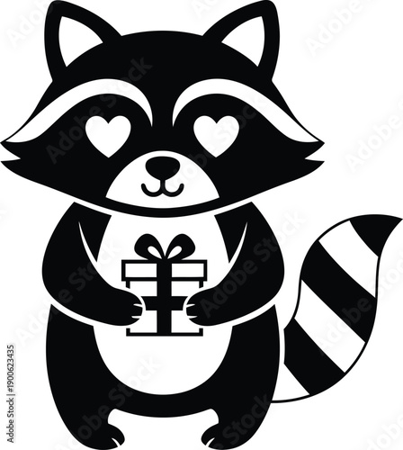 Cute raccoon with heart eyes holding a gift box present. Vector illustration