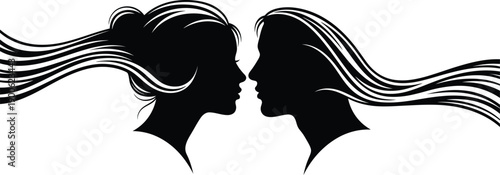 Silhouette of man and woman facing each other with flowing hair. Vector illustration