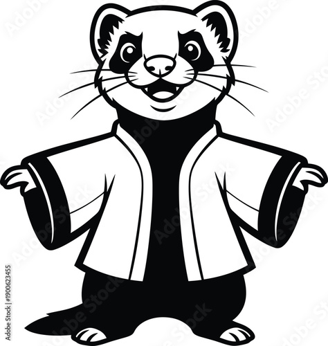 Cartoon ferret mascot wearing traditional Japanese kimono robe standing with open arms. Vector illustration