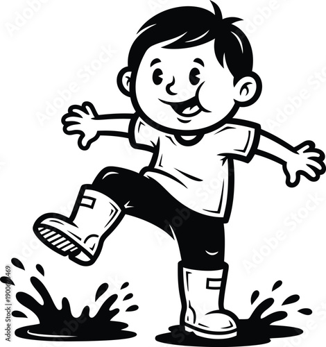 Happy young boy jumping into water puddle wearing rubber boots. Vector illustration