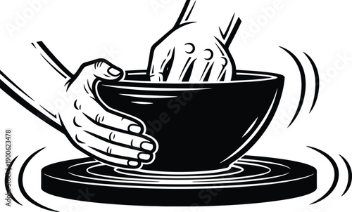 Hands shaping clay bowl on spinning pottery wheel craft art. Vector illustration