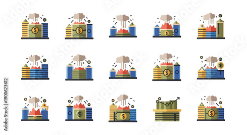 Stacks of money are exploding with mushroom clouds, symbolizing financial crisis and economic collapse, set against a stark white backdrop.