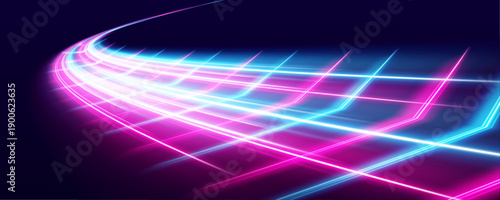 Bright blue-pink streaks bend and swirl across the scene, forming a glowing motion trail. Radiant edges add clarity and energy. Ideal for digital and tech layouts. vector