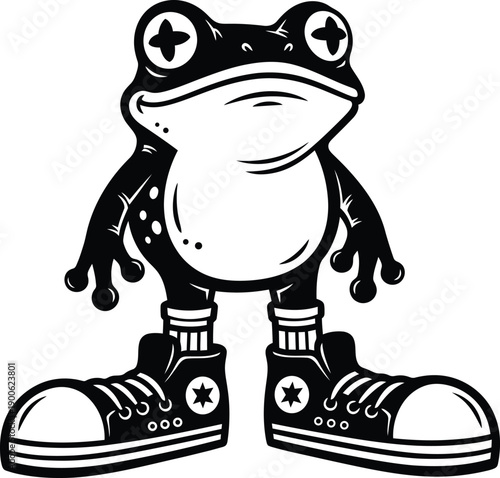 Cool cartoon frog character wearing large sneakers and striped socks. Vector illustration