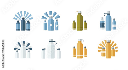 Reusable water bottles arranged neatly on a white surface, showcasing different colors and sizes in a minimalist, ecofriendly presentation.