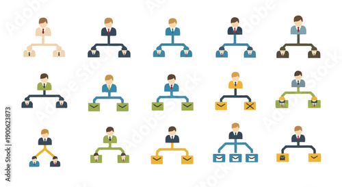 Businessmen connected through organization chart showing company hierarchy and communication flow in modern office environment, reflecting corporate structure.