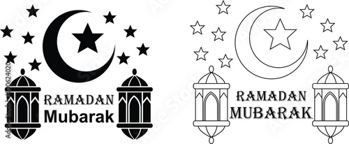 Ramadan Mubarak Islamic icon set with mosque lantern crescent moon and stars in flat and outline styles. Religious greeting typography silhouette celebration vectors for banners, posters and cards.