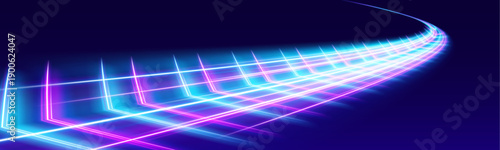 Blue and pink glowing streaks flow forward with luminous motion. Neon highlights emphasize speed and energy. A striking accent for high-speed digital projects. vector