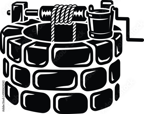 Traditional stone water well with wooden bucket and rope crank. Vector illustration