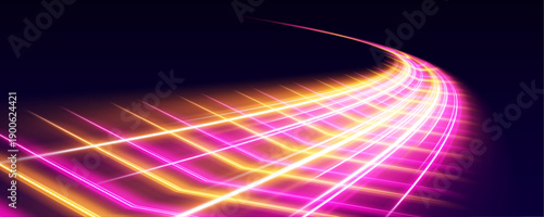 Vibrant orange-pink streaks bend smoothly across the dark scene, forming a glowing path. Their neon glow emphasizes energy and speed. Ideal for dynamic tech visuals. vector