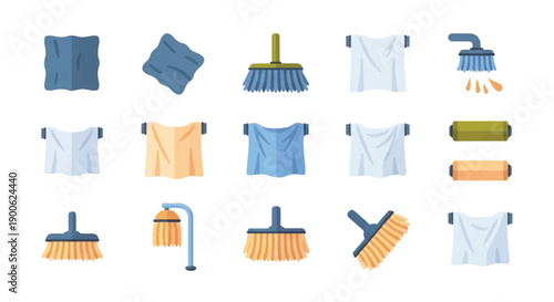 Assorted cleaning supplies arranged neatly on white surface, ready for spring cleaning and household chores, creating clean and organized atmosphere.