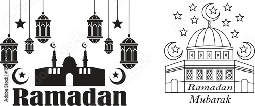Ramadan Mubarak Islamic icon set with mosque lantern crescent moon and stars in flat and outline styles. Religious greeting typography silhouette celebration vectors for banners, posters and cards.