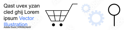 E-commerce, online shopping, business tools, technology, search functionality, engineering design. Image includes a shopping cart, magnifying glass and gear icons. E-commerce and online shopping