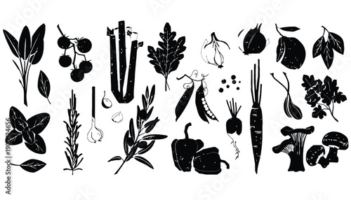 A collection of various vegetables and herbs in black silhouette