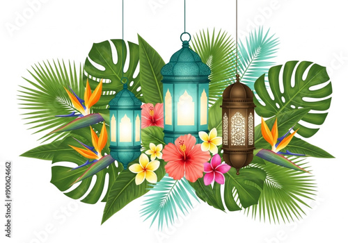 Vibrant Tropical Lanterns Illuminated Amidst Exotic Leaves and Flowers
