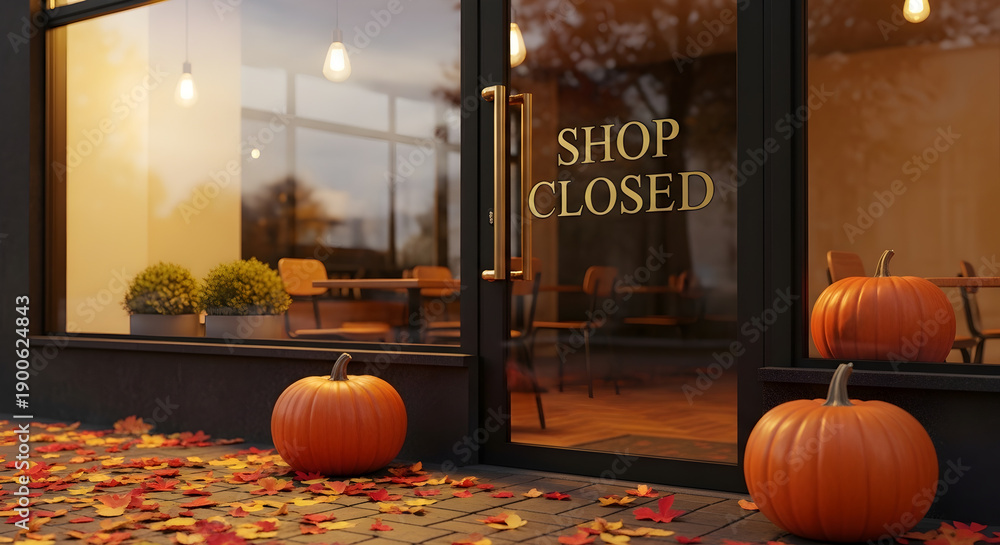 Obraz premium A shop's entrance, marked 'SHOP CLOSED', features bright pumpkins and autumn leaves, conveying a serene seasonal business break