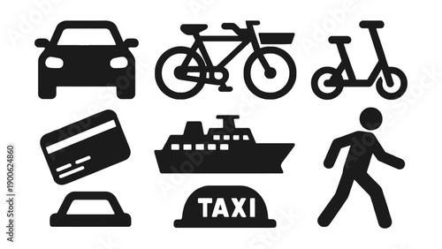 A colorful graphic illustration of various transportation modes and payment methods