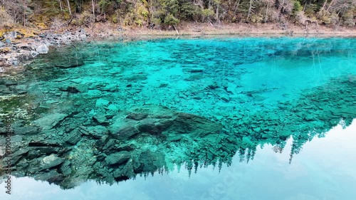 Scenery Jiuzhaigou national park in Sichuan, China. Beautiful Colorful Pond in Autumn season. Famous Landmark and Vacation near Chengdu, China. Asia travel concept