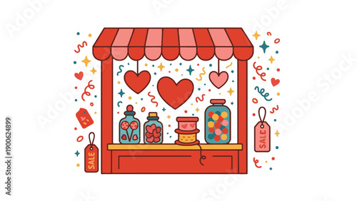 A colorful cartoon illustration of a candy store with heart decorations