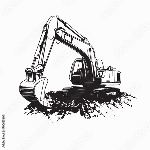 Excavator Digging Trench Vector. Black and White Excavator Digging Trench Image vector