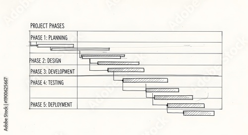 Waterfall methodology project phases diagram with horizontal bars for planning design development and testing