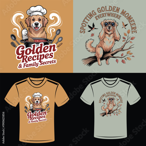 Golden Retriever chef with cooking pot and kitchen utensils vector illustration