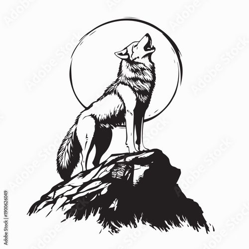 Lone Wolf Howling Atop Rocky Cliff Under Full Moon Image Vector
