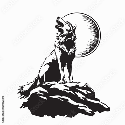 Lone Wolf Howling Atop Rocky Cliff Under Full Moon Image Vector