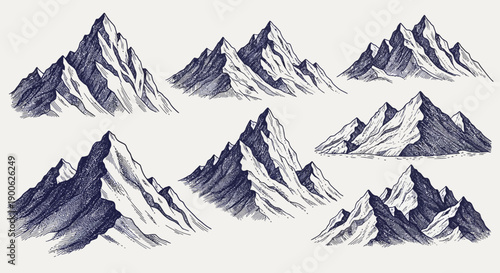 Collection of Hand-Drawn Mountain Peaks in a Sketchy, Illustrative Style.