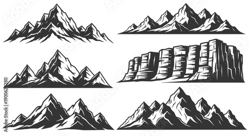 A collection of six distinct monochrome illustrations depicting various mountain ranges and a mesa, rendered in a stylized, graphic art style.
