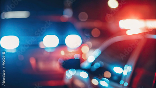 Wallpaper Mural Blurred background showing police lights at crime scene concept. Emergency vehicle lights illuminate a nighttime urban scene. Torontodigital.ca