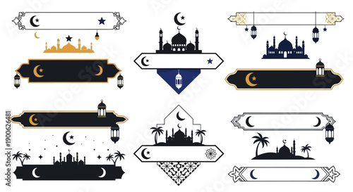Collection of Islamic-themed decorative banners and frames featuring mosques, crescent moons, and lanterns, suitable for cultural or religious designs.