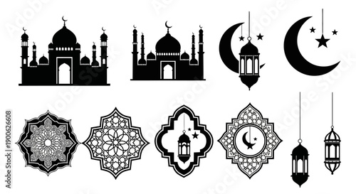 Collection of Islamic cultural symbols including mosques, crescent moons, stars, and intricate geometric patterns, presented in black silhouette.