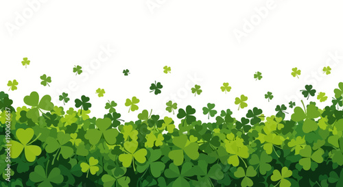 A lush field of vibrant green shamrocks with smaller shamrocks scattered across a white background, evoking a sense of luck and nature.