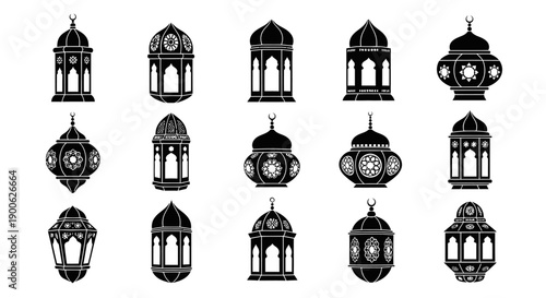 A collection of black and white Islamic lanterns, showcasing intricate designs and traditional patterns, perfect for Ramadan and Eid decorations.