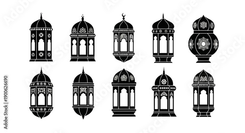 Collection of intricate Islamic lanterns in black and white, showcasing diverse architectural styles and decorative patterns.