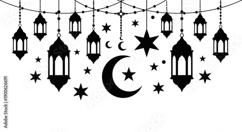 A black and white illustration of Islamic cultural symbols including crescent moons, stars, and lanterns hanging from a string.