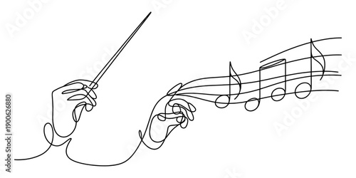 Continuous line illustration of a conductor's hands leading a symphony orchestra with musical notes Vector, illustration