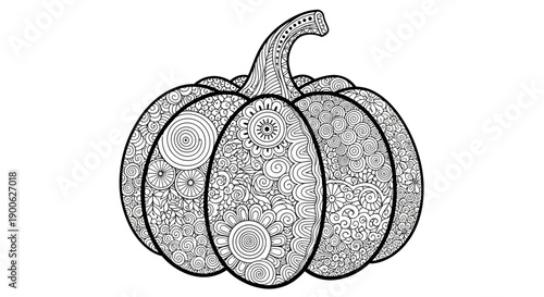 Intricate Zentangle-style pumpkin illustration with detailed patterns and designs.