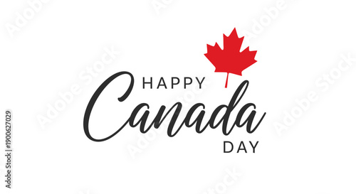 Happy Canada Day text with a red maple leaf symbol on a white background.