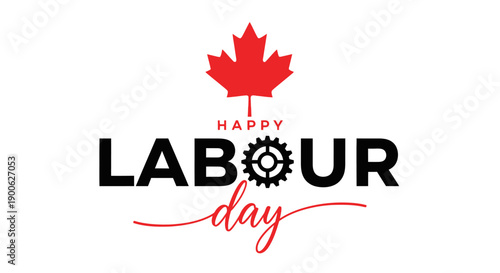 Happy Labour Day greeting with a Canadian maple leaf and a gear symbol on a white background.