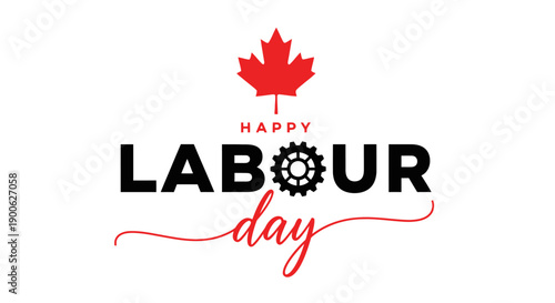 Happy Labour Day greeting with a red maple leaf and a gear symbol on a white background.