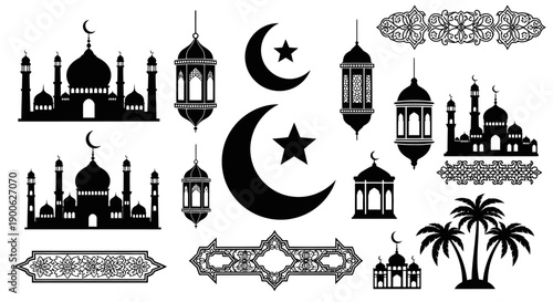 A collection of Islamic cultural symbols including mosques, crescent moons with stars, lanterns, palm trees, and decorative borders.