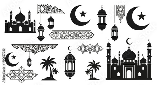 Collection of Islamic cultural symbols including mosques, crescent moons with stars, palm trees, and decorative lanterns, presented in a silhouette style.
